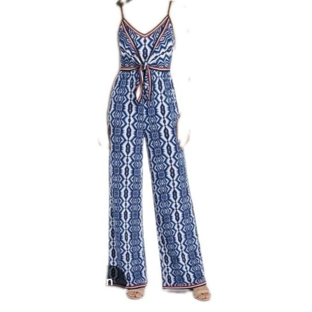 Flying Tomato Blue Geometric Wide Leg Jumpsuit Cutout Tie Front Size L EUC